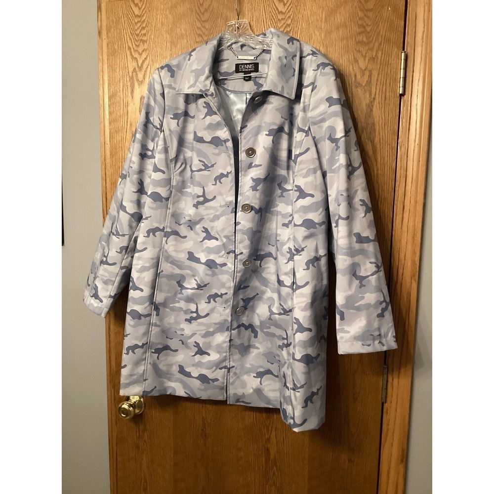 Dennis Basso Water Resistant Camo Printed Button Front Jacket Blue Camo Sz XL